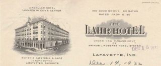 1932 Letter From The Lahr Hotel Lafayette,  In.  Arthur L.  Roberts Hotel System