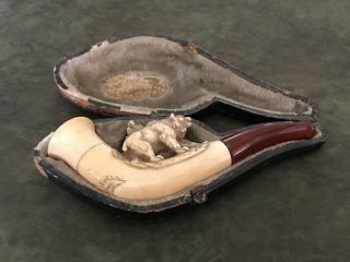 Vintage 1900s Antique Meerschaum & Amber Pipe Carved Grizzly Bears With Case
