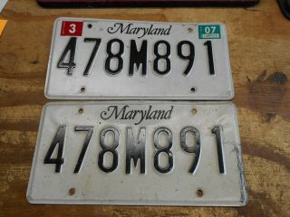 2007 Vintage Maryland Car License Plate Set Pair