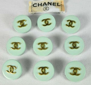 Chanel Buttons 10 Pc Light Green Gold CC back stamped for dress jacket blouse 2