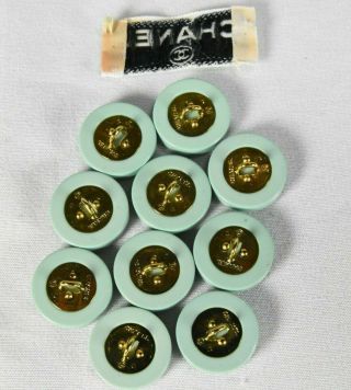 Chanel Buttons 10 Pc Light Green Gold CC back stamped for dress jacket blouse 4