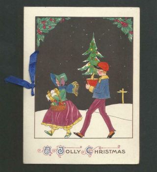 C68 - Children With Gifts And Tree - Vintage Folding Xmas Card