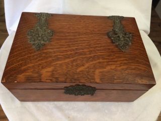 Vintage Antique Wooden Oak Cigar Tobacco Humidor Wood Box Brass Accents 2