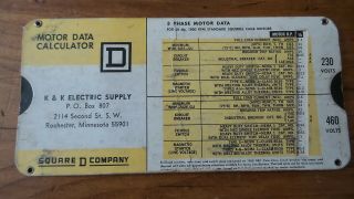 Vintage Advertising Motor Data Calculator,  K&k Electric,  Rochester,  Mn