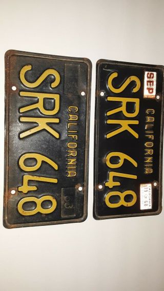 1963 California License Plates Pair Gold On Black Srk 648