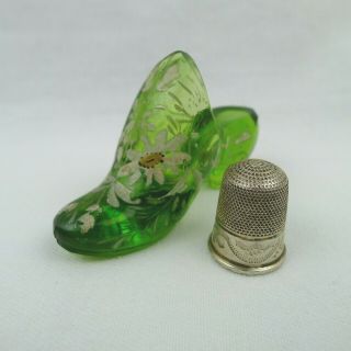 Floral Painted Green Glass Thimble Holder Shoe With Sterling Silver Thimble Rare