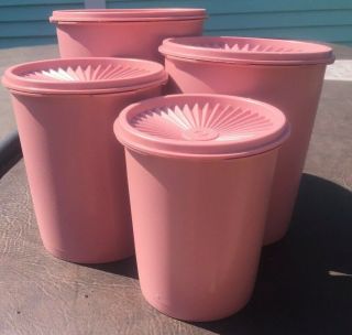 Vintage Set Of 4 Tupperware Pink Mauve Dusty Rose Servalier Canisters With Lids