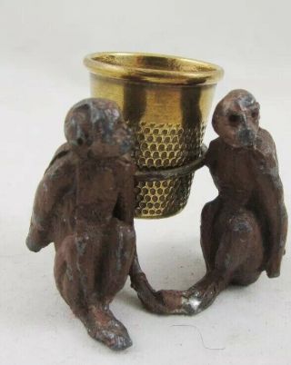 Antique Cold Painted Monkey Thimble Holder Brass Thimble Size 2