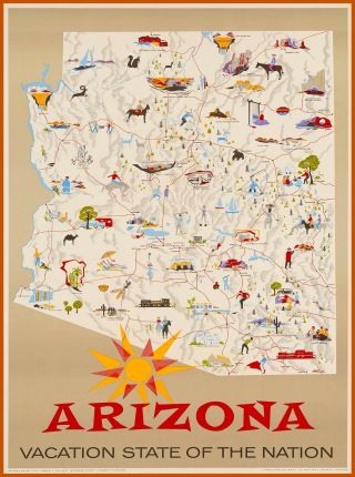 Arizona Vacation State Map Vintage United States Travel Advertisement Poster