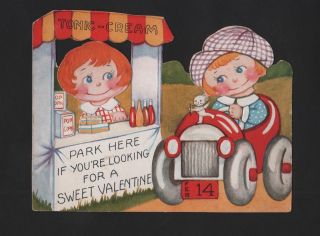 Vintage Valentine Card Boy In 1930s Car Girl In Vendor Tonic - Cream Park Here
