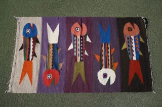 Wow Nr Vintage Northwest Native American Indian Rug Blanket Wool 5 Salmon Fish