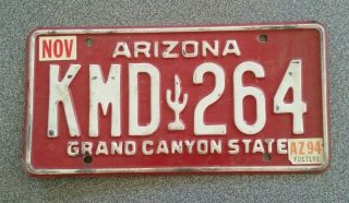 Vintage 1994 Arizona White On Maroon License Plate Kmd 264 Grand Canyon State