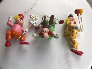 (3) 1970s Circus Clowns Painted Wood Christmas Ornaments 2” - 4” H