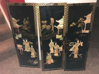 3 Vtg Chinese Carved Shell Mother Of Pearl Wall Art Black Lacquer Geisha Girls