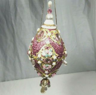 Vintage 60s/70s Satin Pink Pearl Beaded Sequins Christmas Ornament Oval Ball