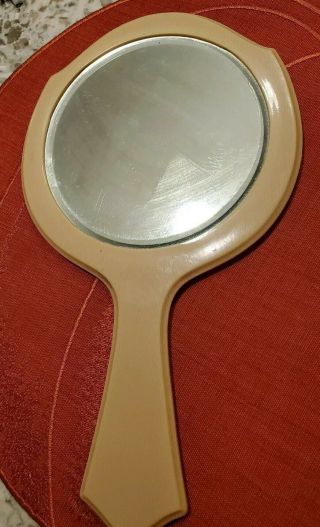 Vintage Celluloid Ivory Pyralin Hand Held Vanity Mirror With Beveled Glass 11 "