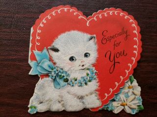 Vtg Hallmark Valentine Greeting Card Diecut Cute Kitten Blue Bow Flockedteacher