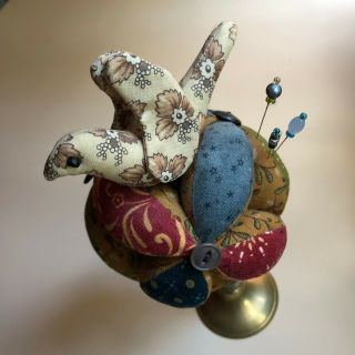 Handmade Decorative Brass Pedestal Pin Cushion Bird Hand Sewn