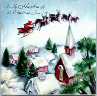 Glittered Pink Home House Santa Claus Reindeer Deer Vtg Christmas Greeting Card