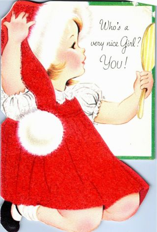 Norcross Santa Claus Pretty Girl Lady Kid Mirror Vtg Christmas Greeting Card