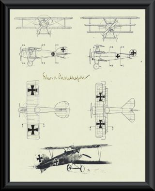 The Red Baron Autograph Reprint Diagram Of Airplane On Fine Linen Paper P064