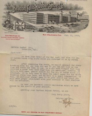 1914 Letter The Beacon Falls Rubber Shoe Co.  San Francisco,  Cal.