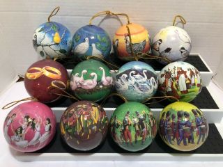 12 Twelve Days Of Christmas Decoupage Paper Mache Ball Ornaments In Storage Box