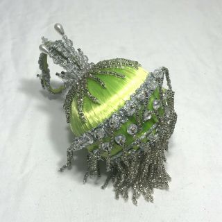 Vintage 60s/70s Satin Lime Green Silver Pearl Beaded Christmas Ornament Ball 2
