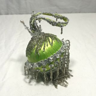 Vintage 60s/70s Satin Lime Green Silver Pearl Beaded Christmas Ornament Ball 3