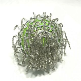 Vintage 60s/70s Satin Lime Green Silver Pearl Beaded Christmas Ornament Ball 4