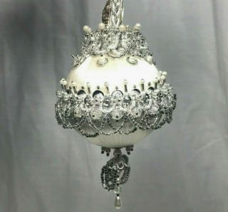 Vintage 60s/70s Satin White Pearl Silver Pearl Beaded Christmas Ornament Ball