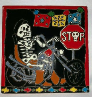 6 " Mexican Talavera High Relief Tile Day Of The Dead Motorcycle Chopper Skull