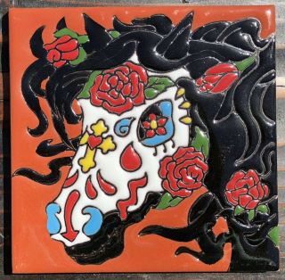 1 Talavera Pottery Tile 6 " Day Of The Dead Horse Head Roses Black Mane Cross