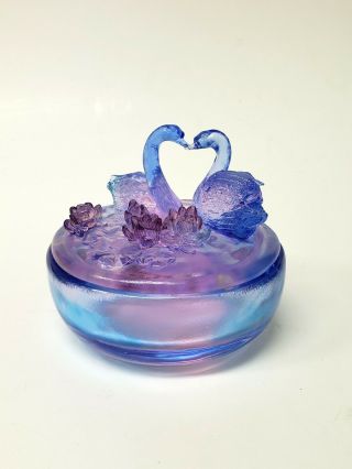 Vintage Purple And Blue Glass Swans Powder Lipstick Trinket Box Jar Dish Lid