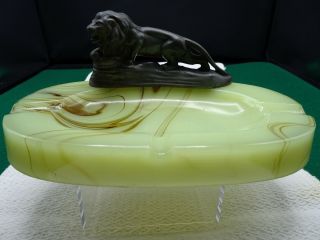 Vintage Slag Glass Agate Ashtray With Metal Lion Attached