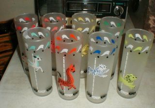 Vintage Set - 8 Libbey Frosted Carousel Circus Animals Iced Tea Drinking Glasses