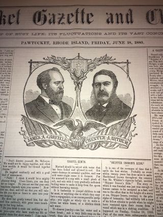 1880:pawtucket Ri Newspaper Great James Garfield & Chester Arthur Cover