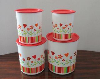 Tupperware One Touch Red Hearts And Flowers Canister Set 5,  8,  12 & 17 Cups