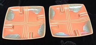 Vintage Mid - Century Atomic Glazed Ceramic Ashtray Matched Set 2,  Coral And Tan.