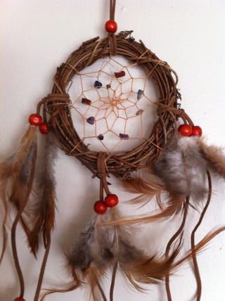 Cherokee 17 " Grapevine Dream Catcher,  Semiprecious Stones,  Feathers,  Wood Beads