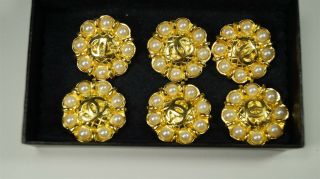 Set Of 6 Authentic Chanel Gold Quilted 8 Pearl Cc 33mm Shank Buttons