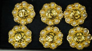 Set of 6 Authentic CHANEL Gold Quilted 8 Pearl CC 33mm Shank Buttons 3