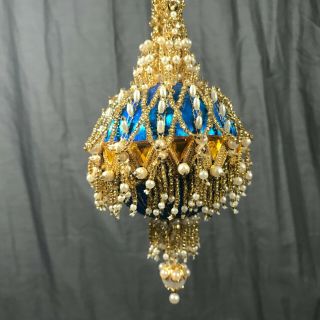 Vintage 60s/70s Satin Blue Gold Pearl Beaded Sequins Christmas Ornament Ball