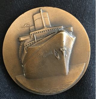 1935 Antique Bronze Ss Normandie Transatlantic Steamship Medal By Dellanoy