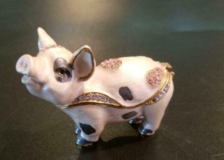 Adorable Spotted Pig Hinged Trinket Box With Crystals Bejeweled Enamel