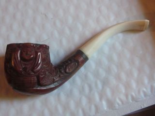 Vintage Estate Hand Carved Pipe Buddha Carved Oriental Figures Smoking Pipe