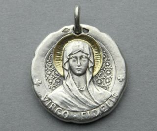 French,  Antique Religious Sterling Pendant.  Saint Virgin Mary.  Virgo Fidelis.