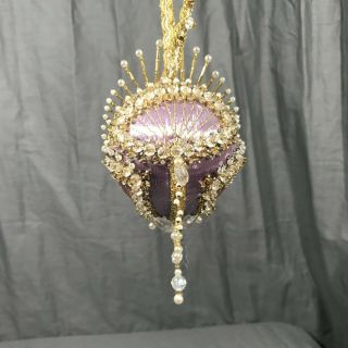 Vintage 60s/70s Satin Purple Gold Pearl Beaded Sequins Christmas Ornament Ball