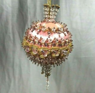 Vintage 60s/70s Satin Pink Gold Beaded Sequins Christmas Ornament Ball
