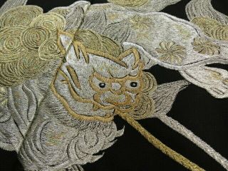 2H01z130 Japanese Kimono Silk FABRIC Black Shishi Embroidery 45.  7 